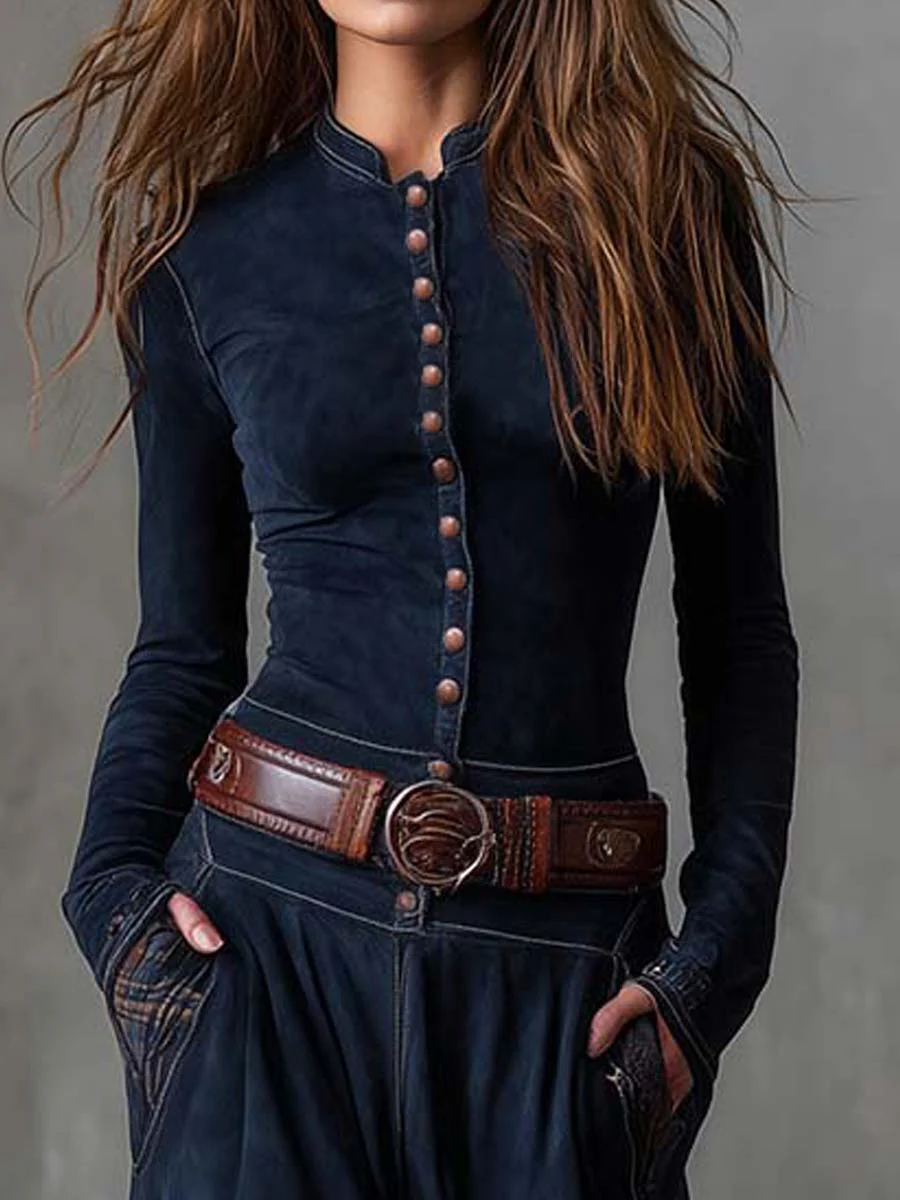 Lorena | Hosszú vintage ante ruha tengerészkék kockás mintával (övet is tartalmaz)